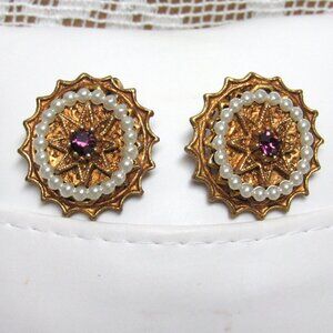 STAR DESIGN Gold Plate CLIP ON EARRINGS Faux Pearl Amethyst Costume Jewelry